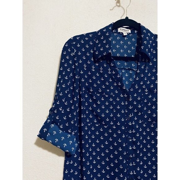 Express Top Womens Medium Navy Blue Anchor Print Portofino Shirt Flowy Boho - Picture 5 of 8